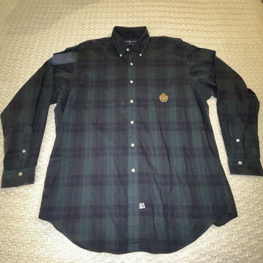 Vintage Ralph Lauren Shirt Button Down Plaid Men's Size L Blue Green Crest Logo